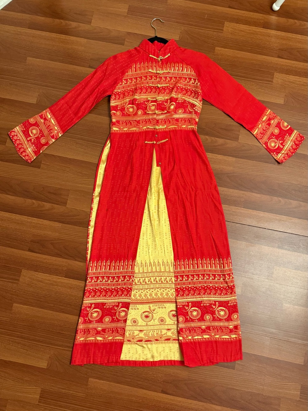 Traditional Vietnamese Red Ao Dai Long Dress with Gold Embellishments